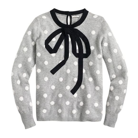 J. Crew Heather Gray Cashmere Navy Bow Detail Polka Dot Crewneck Sweater - M - Picture 3 of 14